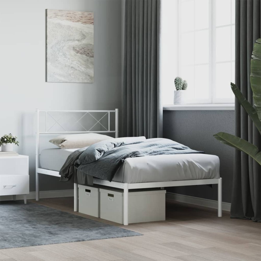 vidaXL Cadru de pat din metal cu tăblie, alb, 107x203 cm