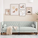 vidaXL Canapea Chesterfield cu pernuțe/3 locuri, gri deschis, catifea vidaXL Canapea Chesterfield cu pernuțe/3 locuri, gri deschis, catifea