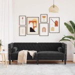 vidaXL Canapea Chesterfield cu pernuțe/3 locuri, negru, catifea vidaXL Canapea Chesterfield cu pernuțe/3 locuri, negru, catifea