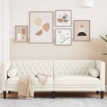 vidaXL Canapea Chesterfield cu pernuțe/3 locuri, crem, catifea vidaXL Canapea Chesterfield cu pernuțe/3 locuri, crem, catifea