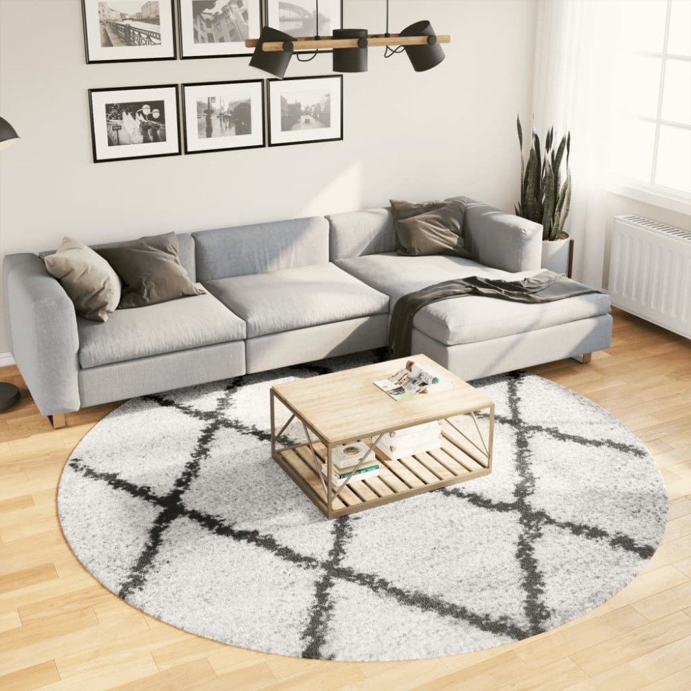 vidaXL Covor pufos "PAMPLONA" fire înalte negru/crem modern Ø 240 cm