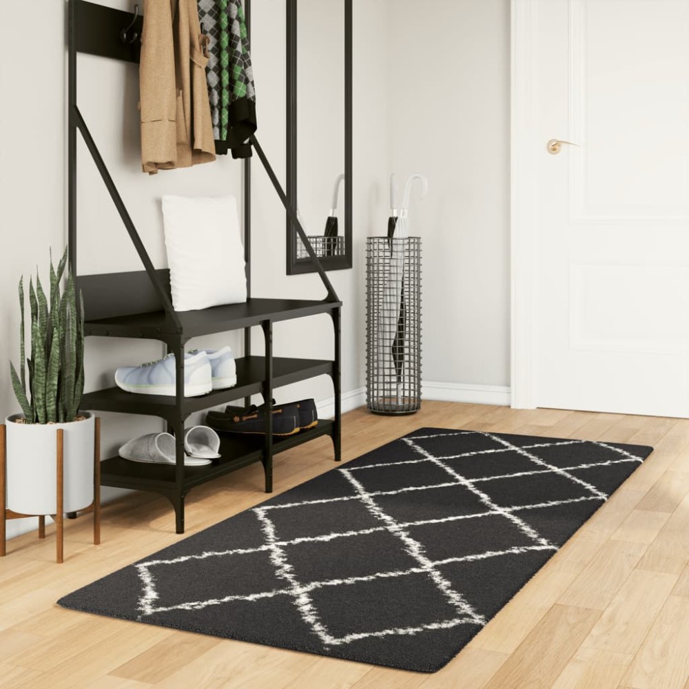 vidaXL Covor pufos "PAMPLONA" fire înalte negru/crem modern 80x200 cm