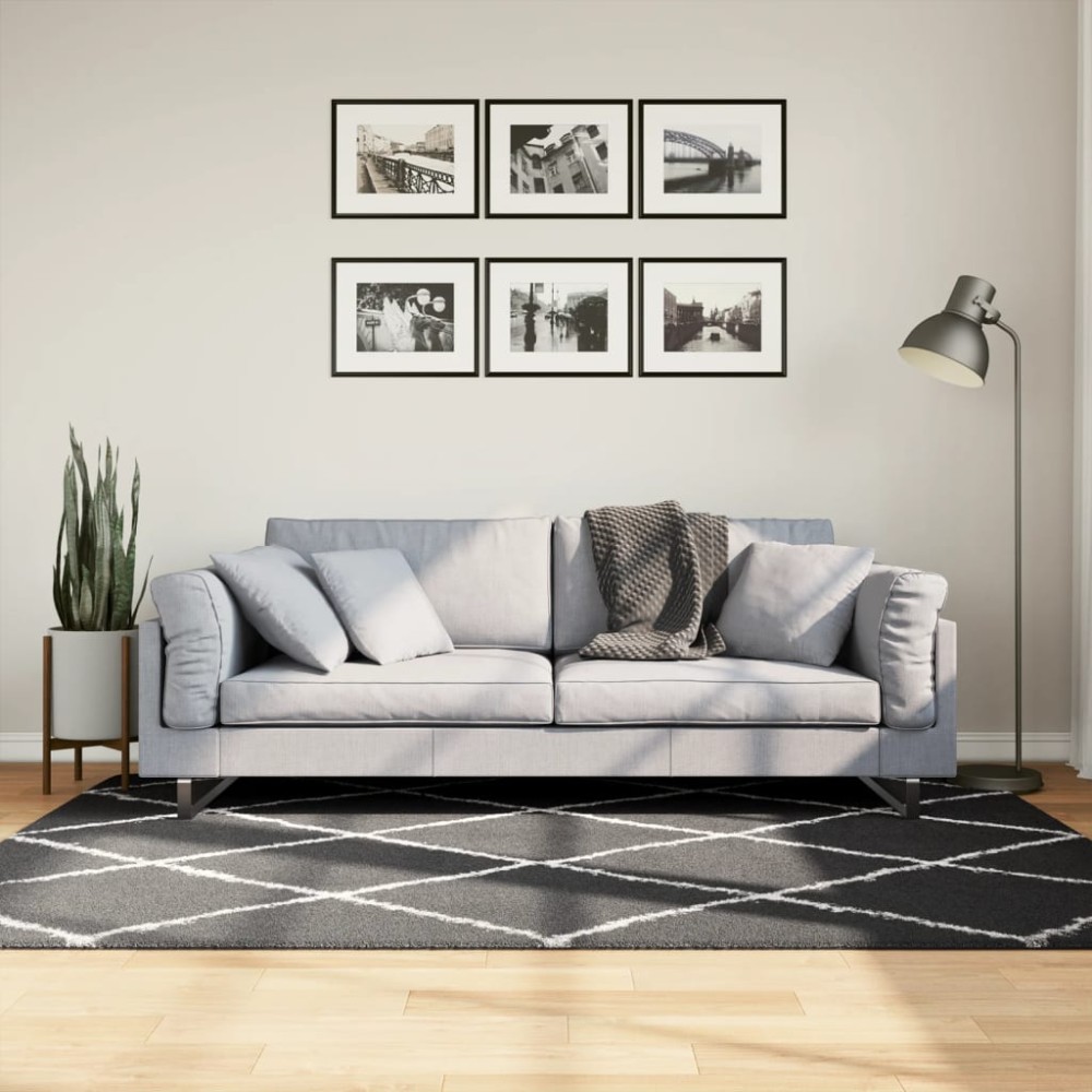 vidaXL Covor pufos "PAMPLONA" fire înalte negru/crem modern 140x200 cm