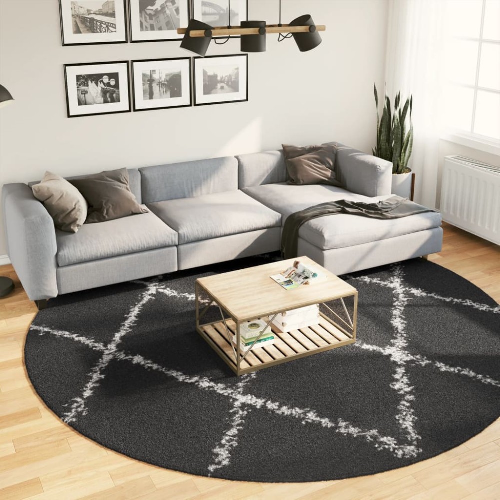 vidaXL Covor pufos "PAMPLONA" fire înalte negru/crem modern Ø 280 cm