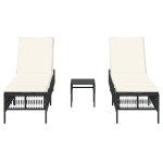 vidaXL Șezlonguri de plajă cu masă, 2 buc., negru, poliratan