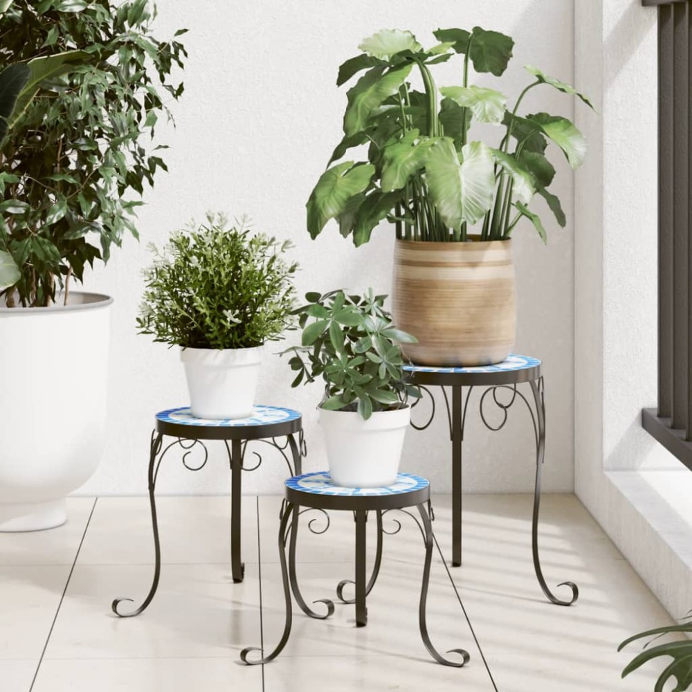 vidaXL Suporturi pentru plante, 3 buc., albastru și alb, ceramică