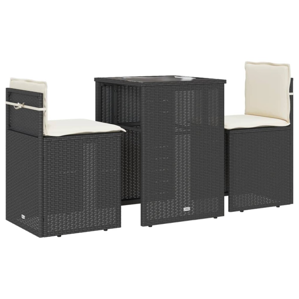 vidaXL Set bistro cu perne, 3 piese, negru, poliratan