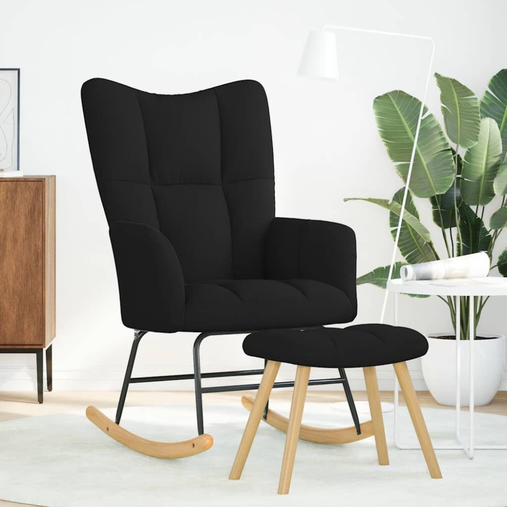 vidaXL Scaun balansoar cu taburet, Negru, material textil