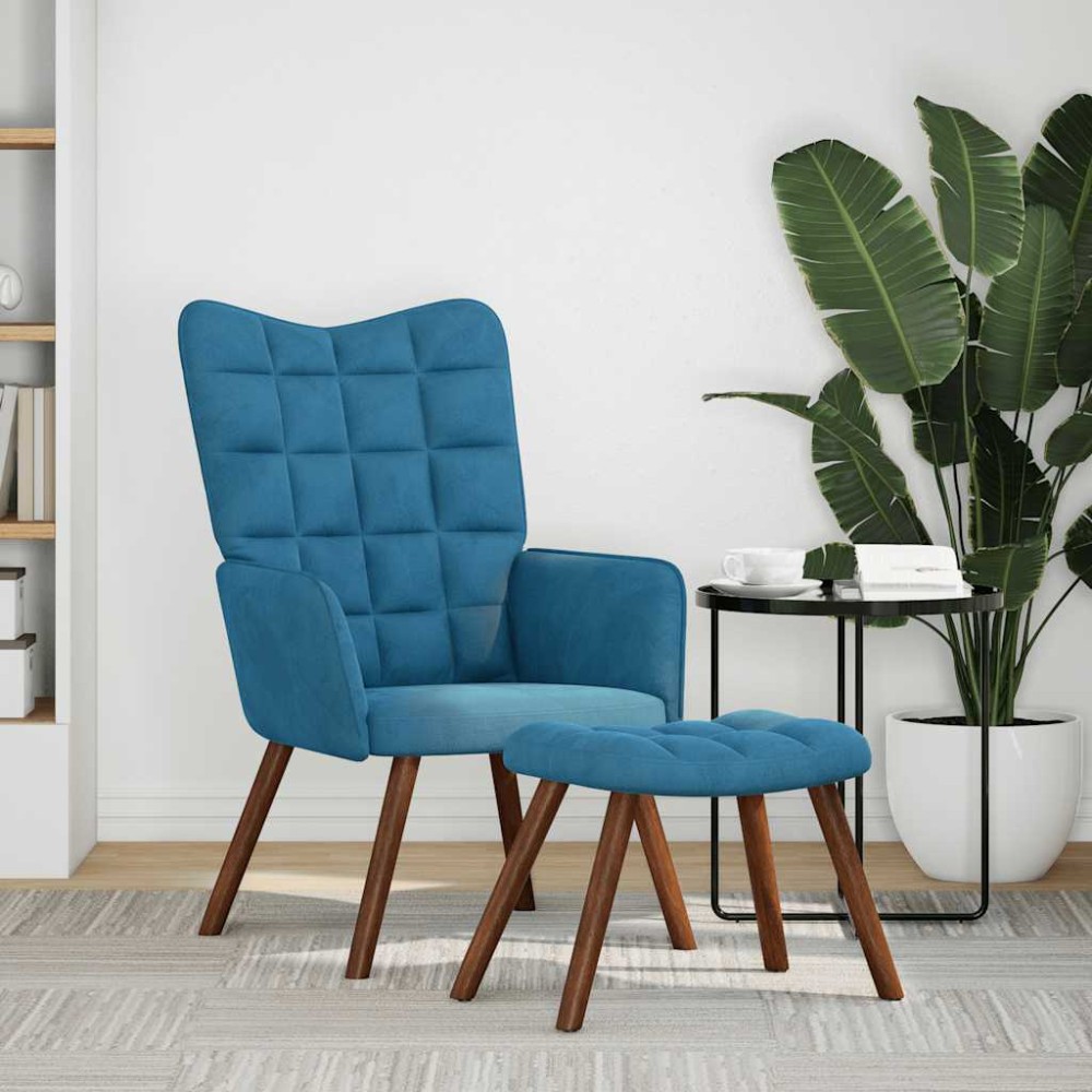 vidaXL Scaun de relaxare cu taburet, albastru, catifea