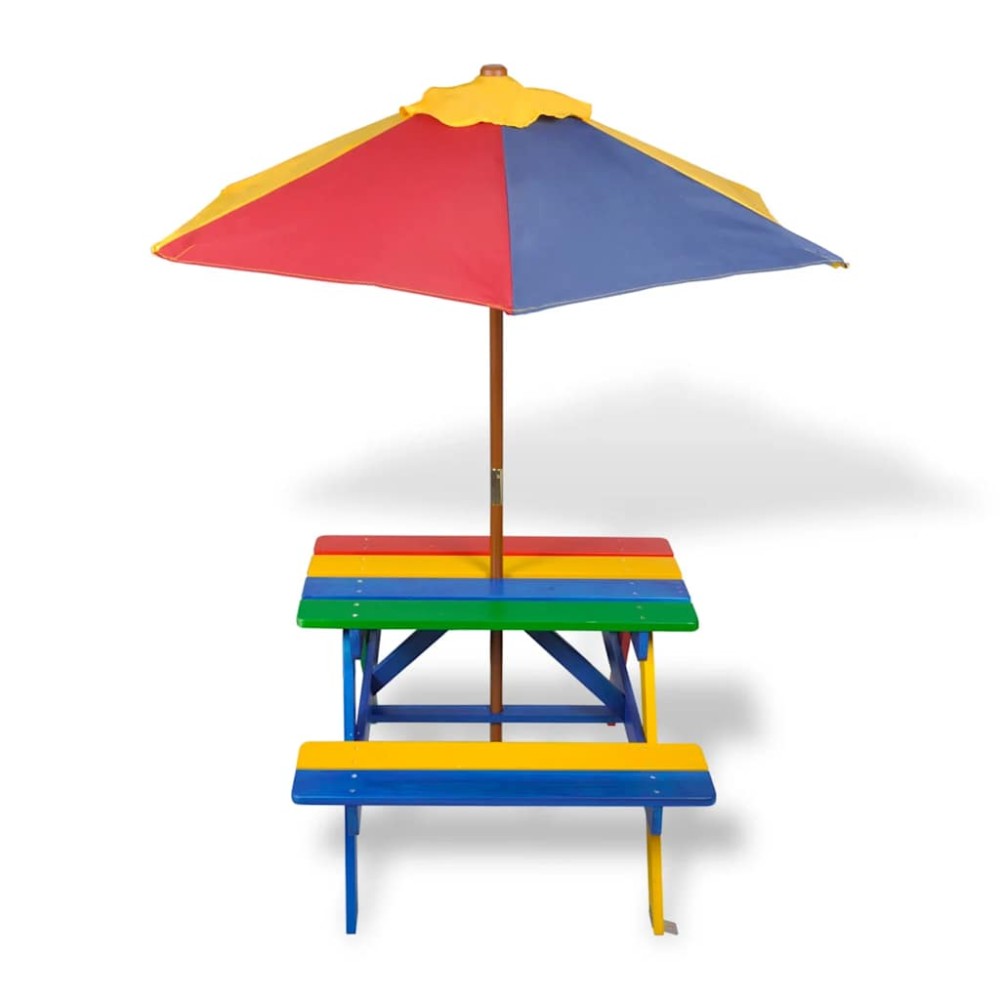vidaXL Masă de picnic pentru copii cu bănci și umbrelă, lemn multicolor