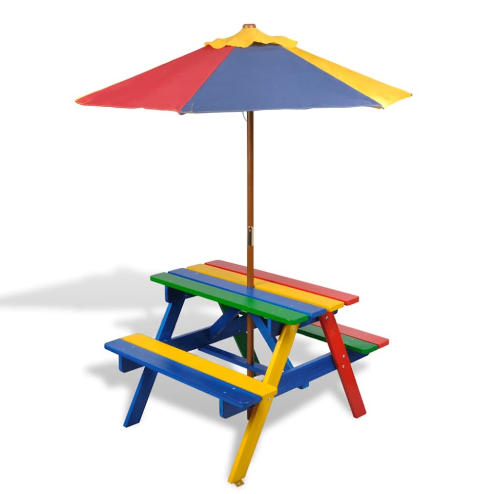 vidaXL Masă de picnic pentru copii cu bănci și umbrelă, lemn multicolor