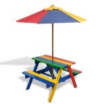 vidaXL Masă de picnic pentru copii cu bănci și umbrelă, lemn multicolor