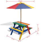 vidaXL Masă de picnic pentru copii cu bănci și umbrelă, lemn multicolor