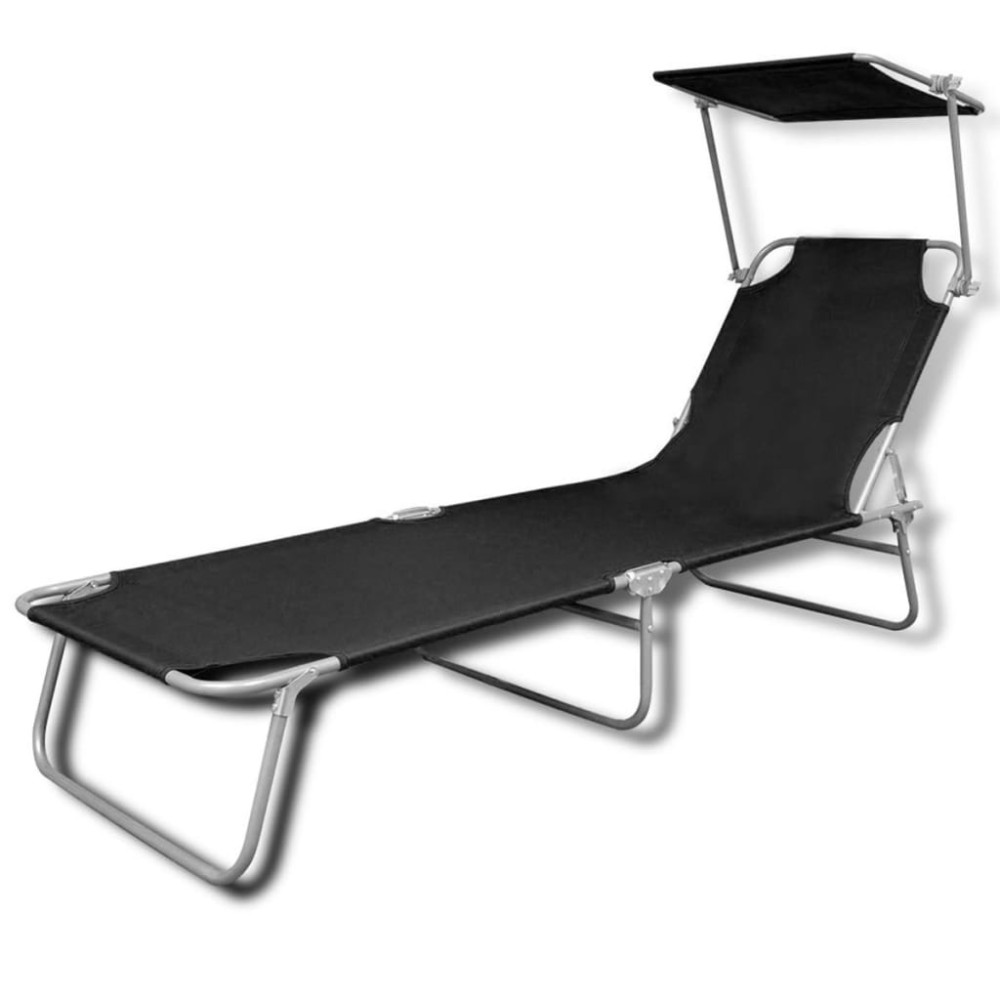 vidaXL Șezlong de plajă pliabil cu baldachin negru metal & țesătură