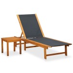 vidaXL Șezlong de plajă cu masă, lemn masiv de acacia & textilenă vidaXL Șezlong de plajă cu masă, lemn masiv de acacia & textilenă
