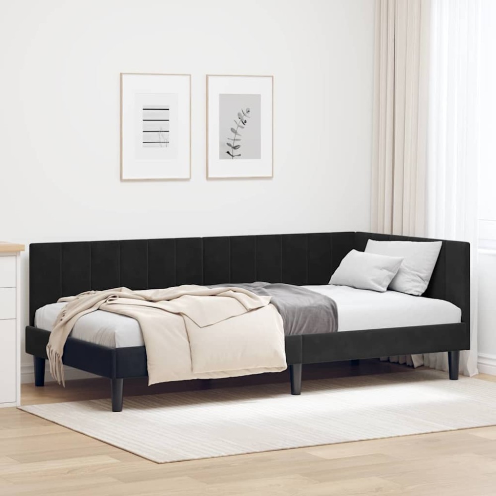 vidaXL Cadru de pat colțar cu headboard Negru 90 cm x 190 cm Catifea