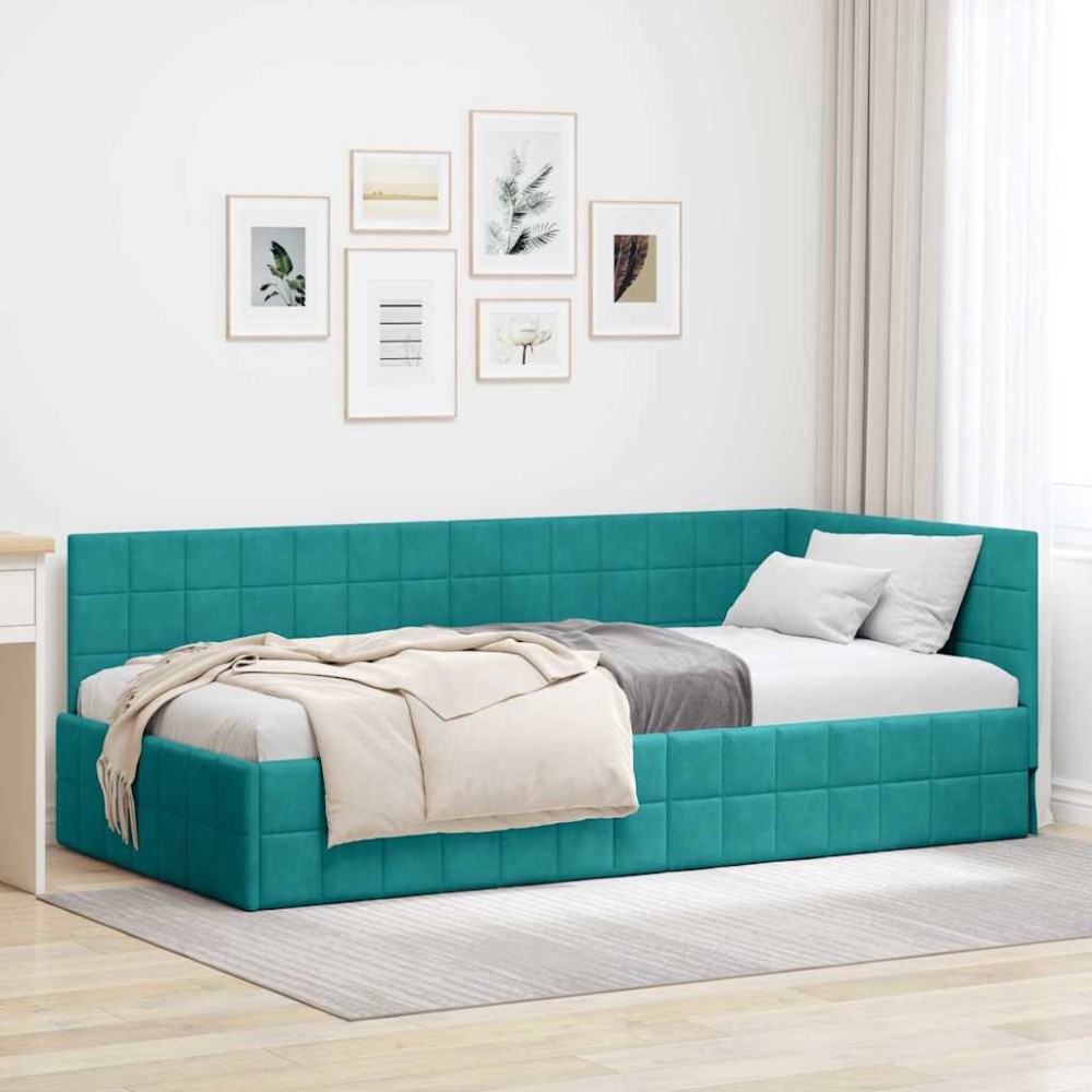 vidaXL Cadru de pat colțar cu headboard Turcoaz 90 cm x 200 cm Catifea