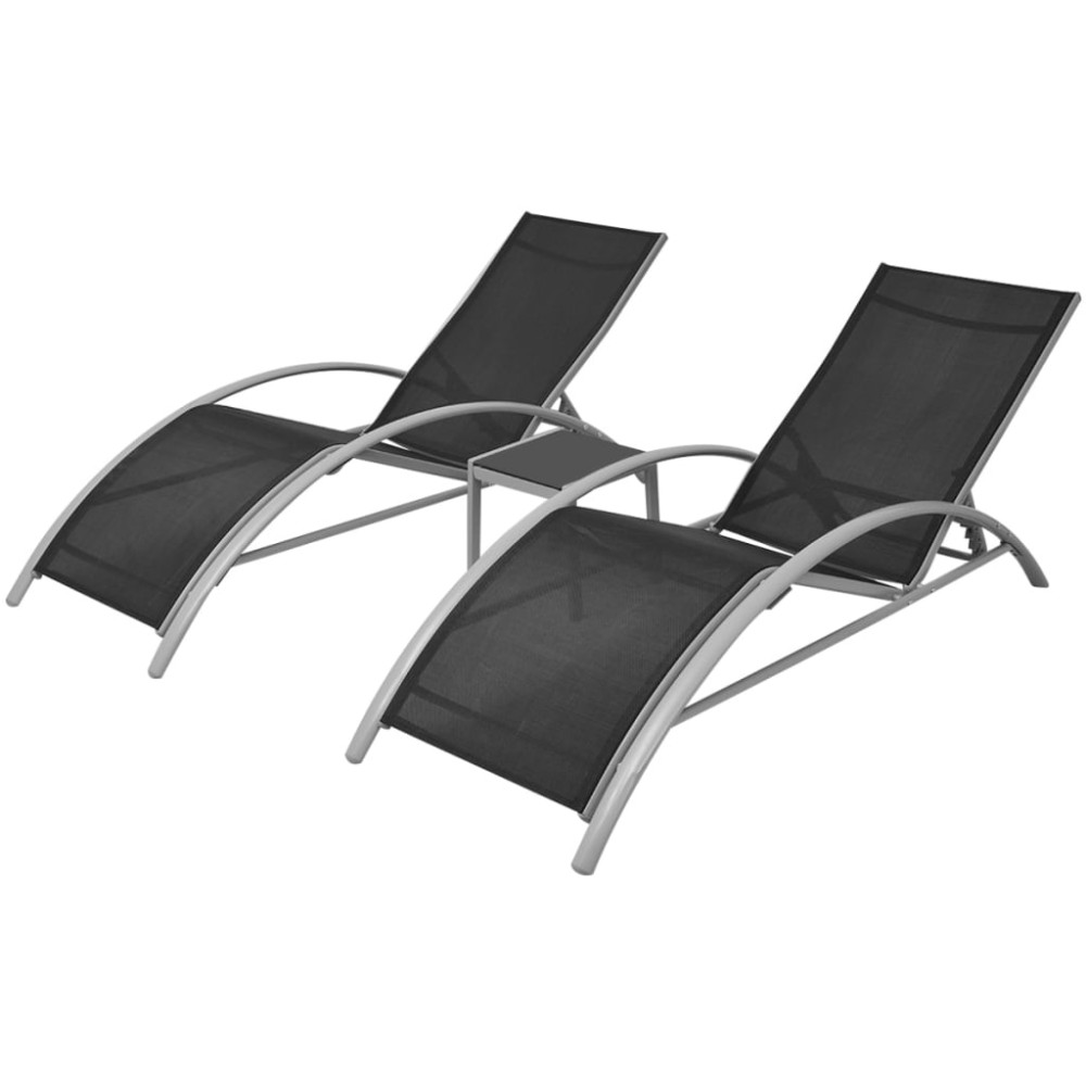 vidaXL Șezlonguri de plajă cu masă, negru, aluminiu