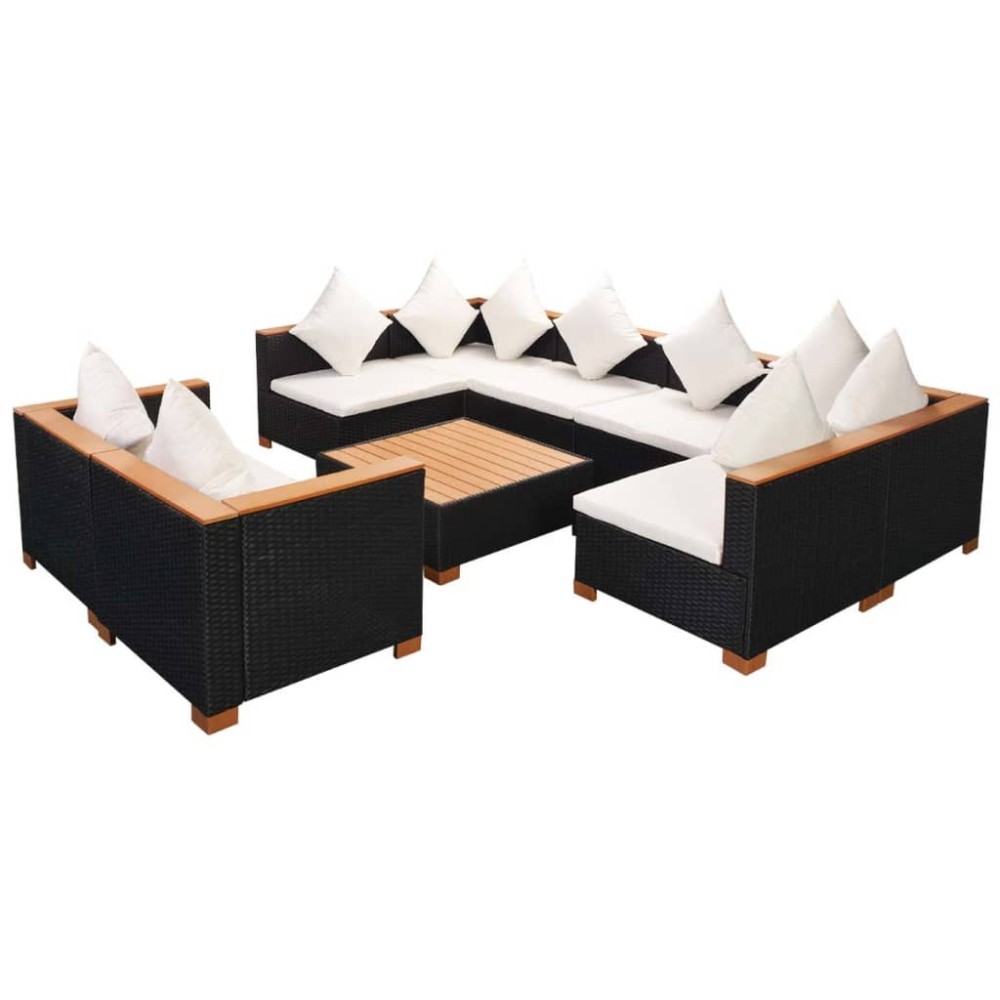 vidaXL Set mobilier de grădină cu perne, 9 piese, negru, poliratan
