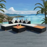 vidaXL Set mobilier de grădină cu perne, 7 piese, negru, poliratan vidaXL Set mobilier de grădină cu perne, 7 piese, negru, poliratan