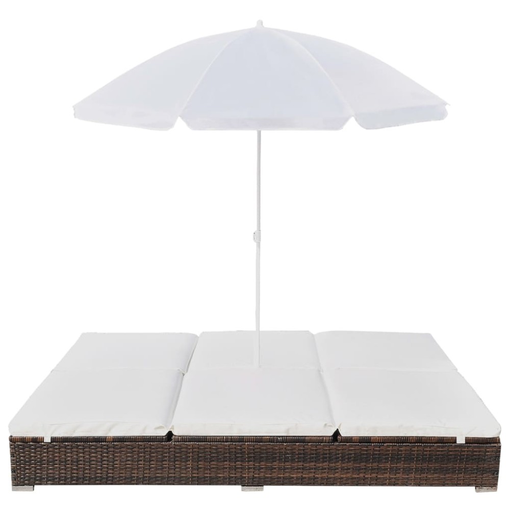 vidaXL Pat șezlong de exterior cu umbrelă, maro, poliratan