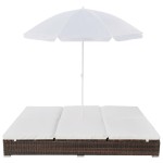 vidaXL Pat șezlong de exterior cu umbrelă, maro, poliratan