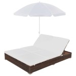 vidaXL Pat șezlong de exterior cu umbrelă, maro, poliratan