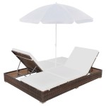 vidaXL Pat șezlong de exterior cu umbrelă, maro, poliratan