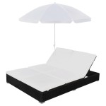 vidaXL Pat șezlong de exterior cu umbrelă, negru, poliratan