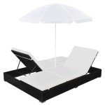 vidaXL Pat șezlong de exterior cu umbrelă, negru, poliratan