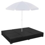 vidaXL Pat șezlong de exterior cu umbrelă, negru, poliratan