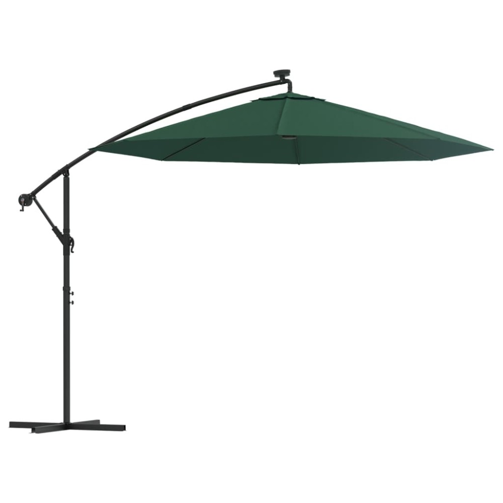 vidaXL Umbrelă suspendată, iluminare LED, 300 cm, verde, stâlp metalic