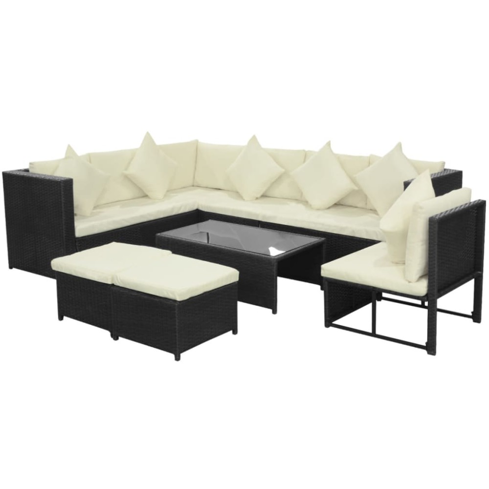vidaXL Set mobilier de grădină cu perne, 8 piese, negru, poliratan