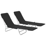 vidaXL Șezlonguri de plajă pliabile, 2 buc., negru, oțel & textil vidaXL Șezlonguri de plajă pliabile, 2 buc., negru, oțel & textil