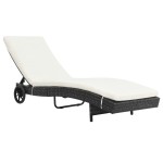 vidaXL Șezlong de plajă cu roți și pernă, negru, poliratan vidaXL Șezlong de plajă cu roți și pernă, negru, poliratan