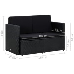 vidaXL Canapea de grădină cu 2 locuri, cu perne, negru, poliratan