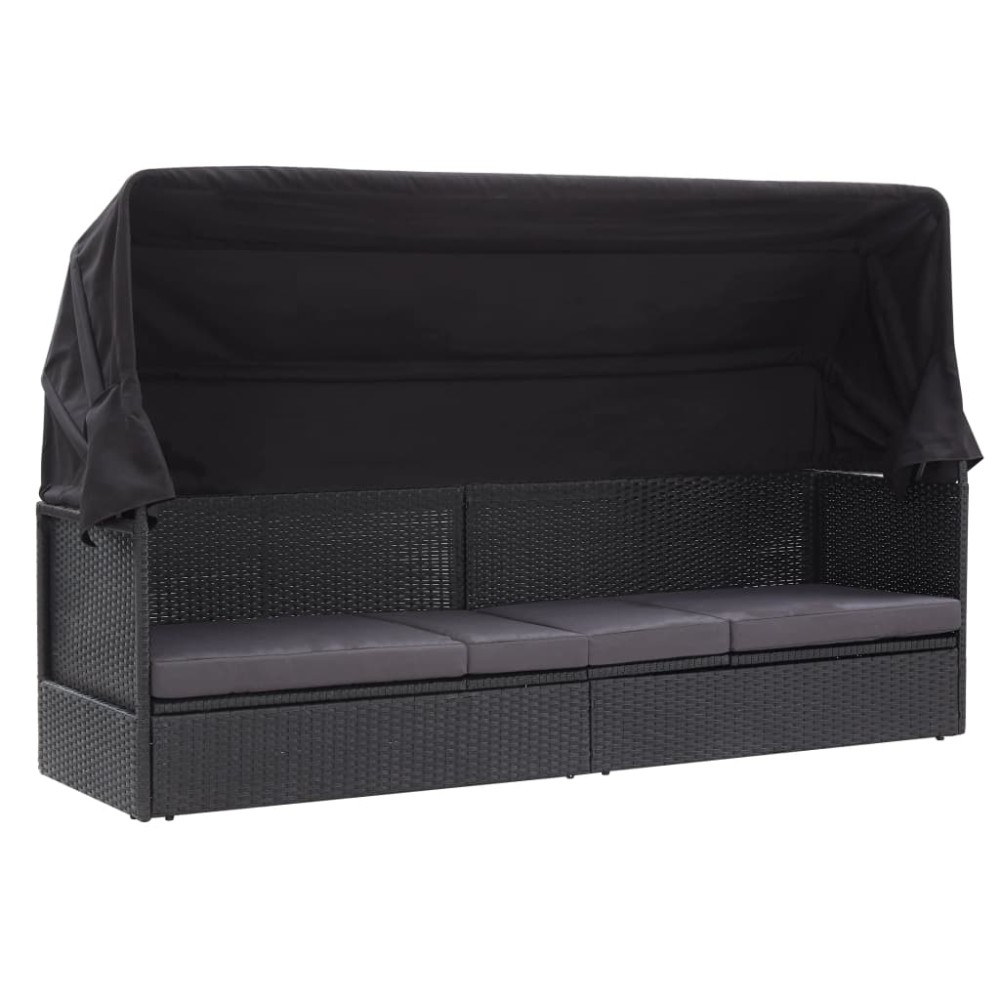vidaXL Pat canapea de exterior cu copertină, negru, poliratan