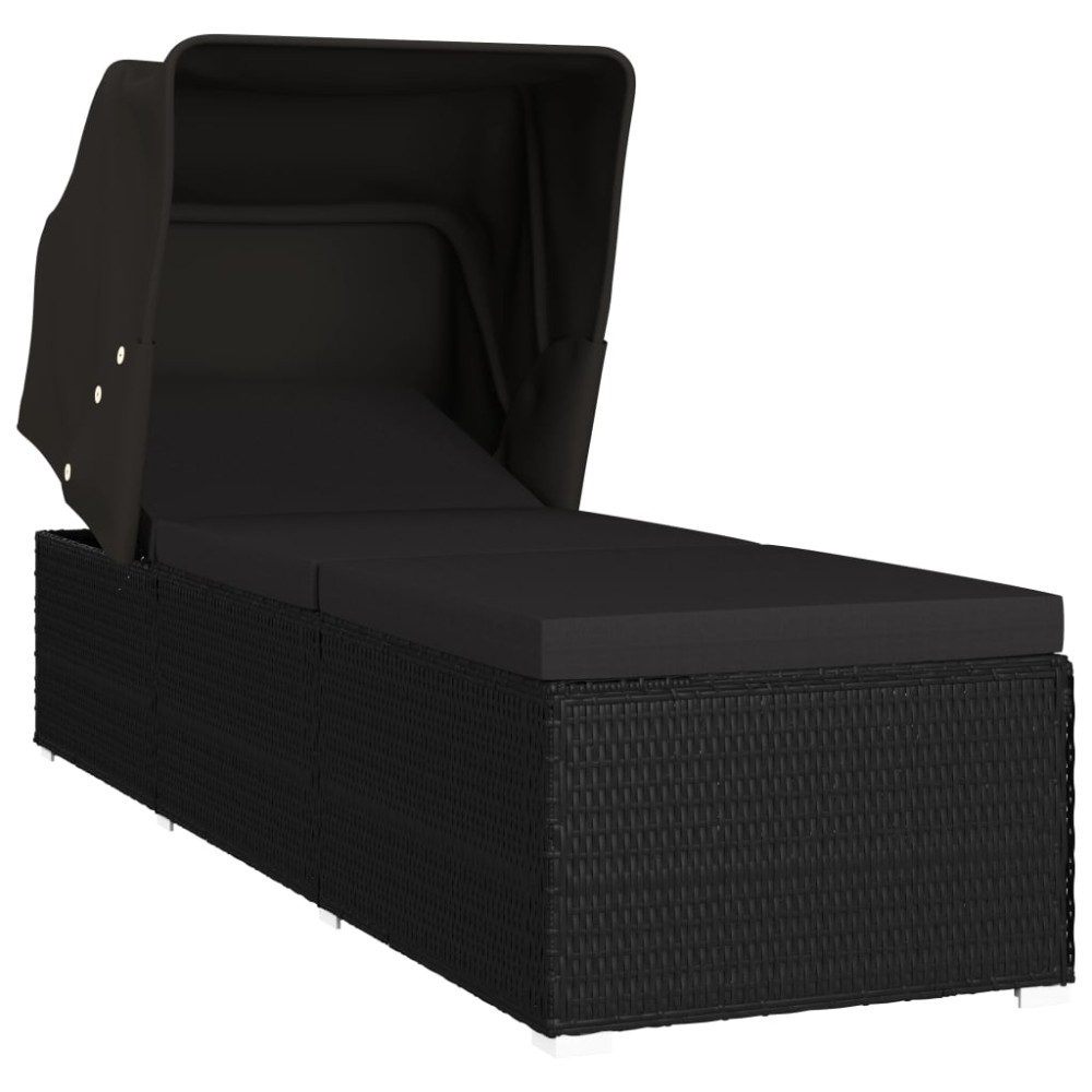 vidaXL Șezlong cu copertină și pernă, negru, poliratan