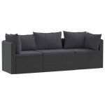 vidaXL Set mobilier de grădină cu perne, 3 piese, negru, poliratan vidaXL Set mobilier de grădină cu perne, 3 piese, negru, poliratan