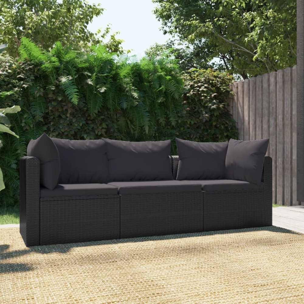 vidaXL Set mobilier de grădină cu perne, 3 piese, negru, poliratan
