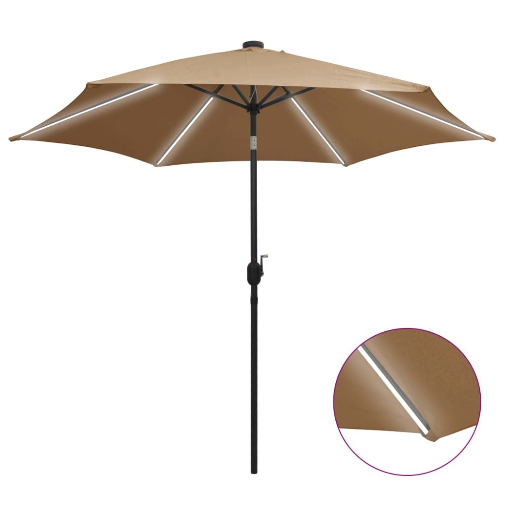 vidaXL Umbrelă de soare cu LED-uri, stâlp din aluminiu, taupe, 300 cm
