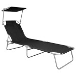 vidaXL Șezlong pliabil cu copertină, negru, aluminiu vidaXL Șezlong pliabil cu copertină, negru, aluminiu