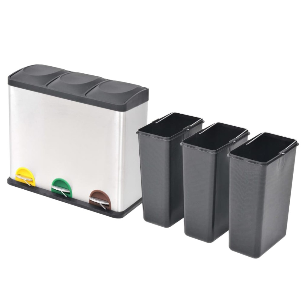 vidaXL Coș gunoi cu pedale pentru reciclare, oțel inoxidabil, 54 L