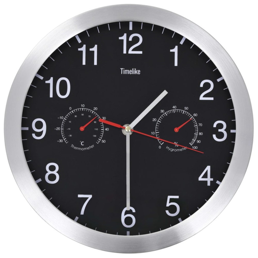 vidaXL Ceas perete mecanism cuarț, higrometru/termometru, negru, 30 cm