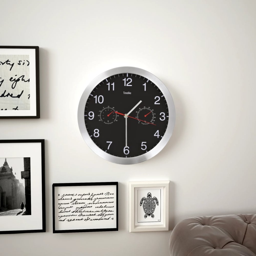 vidaXL Ceas perete mecanism cuarț, higrometru/termometru, negru, 30 cm