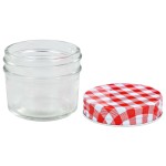 vidaXL Borcane sticlă pentru gem cu capace alb și roșu 24 buc. 110 ml vidaXL Borcane sticlă pentru gem cu capace alb și roșu 24 buc. 110 ml