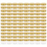 vidaXL Borcane din sticlă pentru gem, capace aurii, 96 buc, 110 ml vidaXL Borcane din sticlă pentru gem, capace aurii, 96 buc, 110 ml