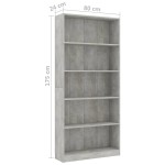 vidaXL Bibliotecă cu 5 rafturi gri beton, 80x24x175 cm, lemn prelucrat