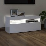 vidaXL Comodă TV cu lumini LED, alb extralucios, 90x35x40 cm vidaXL Comodă TV cu lumini LED, alb extralucios, 90x35x40 cm
