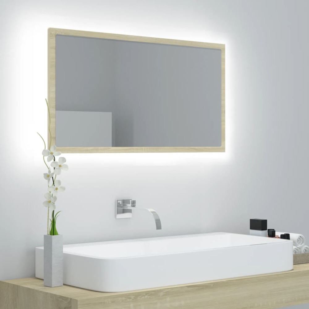 vidaXL Oglindă de baie cu LED, stejar sonoma, 80x8,5x37 cm, acril